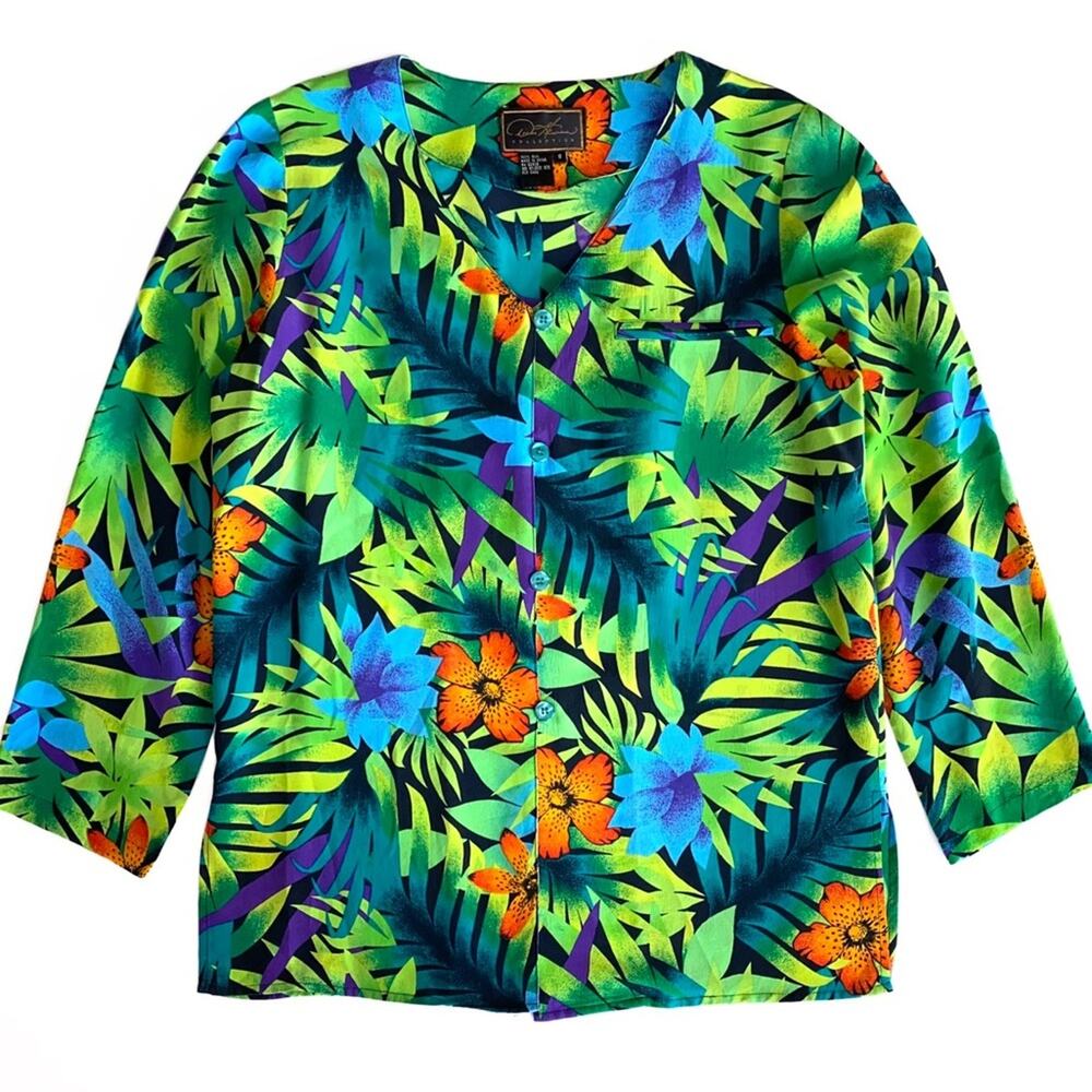 Vintage Silk Diane Gilman Vacation Colorful Tropical Button Up Tunic Size S